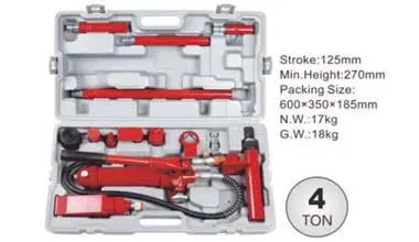 Porta Power Jack Kit with hydraulic pump, multiple rams, spreader attachments, and case for automotive repair.