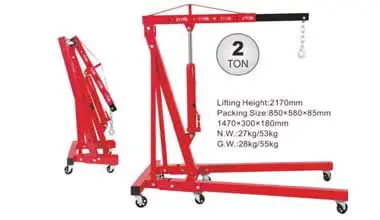 Space-saving foldable 2-ton engine crane stored in home garage corner