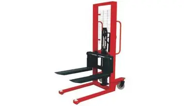 Fork truck lift handling pallets in warehouse - hydraulic scissor lift attachment