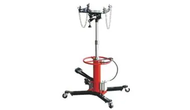 Hydraulic transmission jack with adjustable saddle swivel pad - aligning transmission